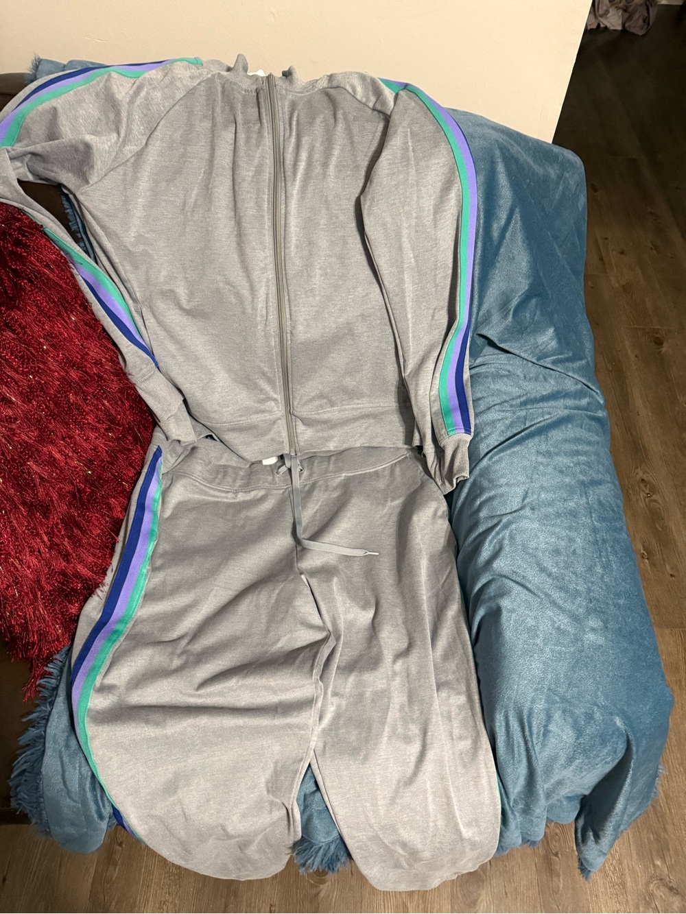 Athletic Works Gray Track Pants with Blue, Purple and Teal Side Stripes